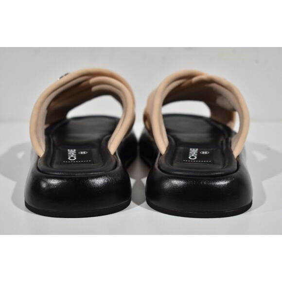 Chanel Beige Black Fabric Criss Cross Puffy CC Logo Slide Mule Sandal Flat 40 - Picture 11 of 12